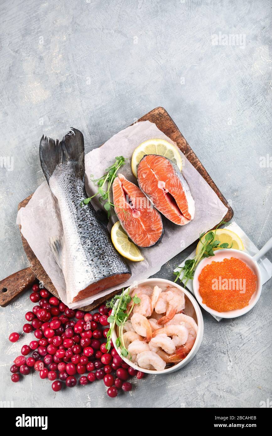 Aliments riches en astaxanthine, caroténoïde et antioxydants Banque D'Images