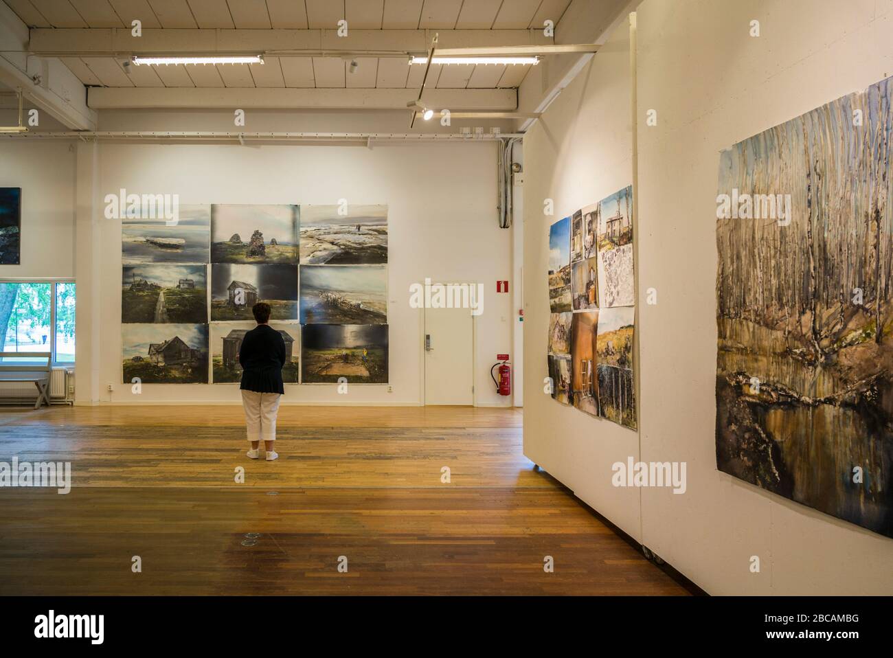 Suède, Varmland, Karlstad, Sandgrund Karlstad, ancien dancehall maintenant une galerie pour le célèbre artiste suédois Lars Lerin, intérieur avec les visiteurs, Banque D'Images