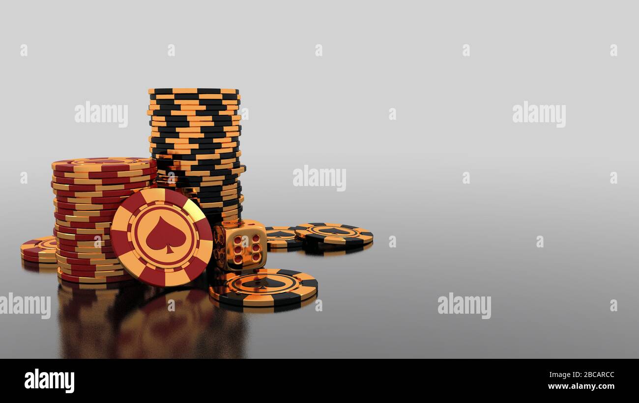 Jeu de loisirs de jeu de fond avec des jetons dorés élégants et des dés pour le poker, le Blackjack ou le jeu de Baccarat Banque D'Images