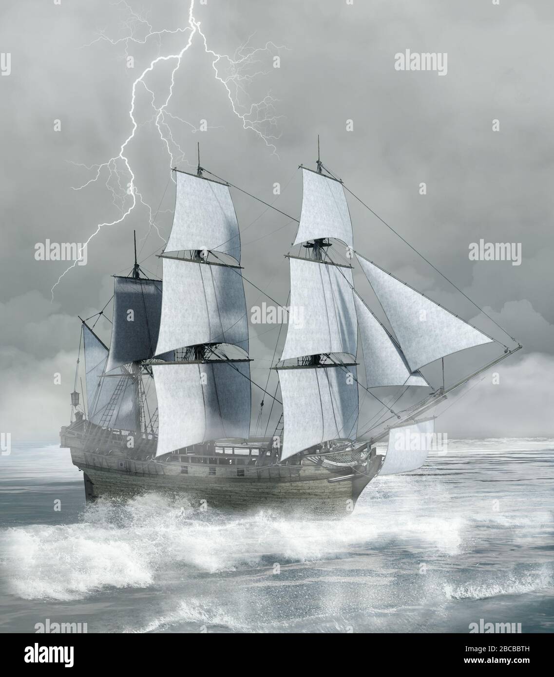 Paysage marin avec un bateau face à une mer ondulée dans une tempête furieuse Banque D'Images