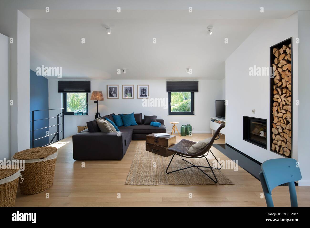 Salon spacieux et contemporain avec cheminée et mobilier design. Banque D'Images