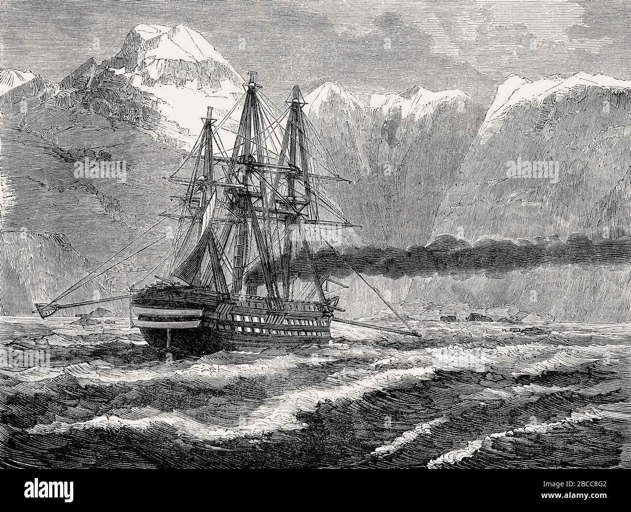 Le navire français Bayard qui manoeuvres avec ses dispositifs provisoires sans oars, détroit de Magellan, 1863 Banque D'Images