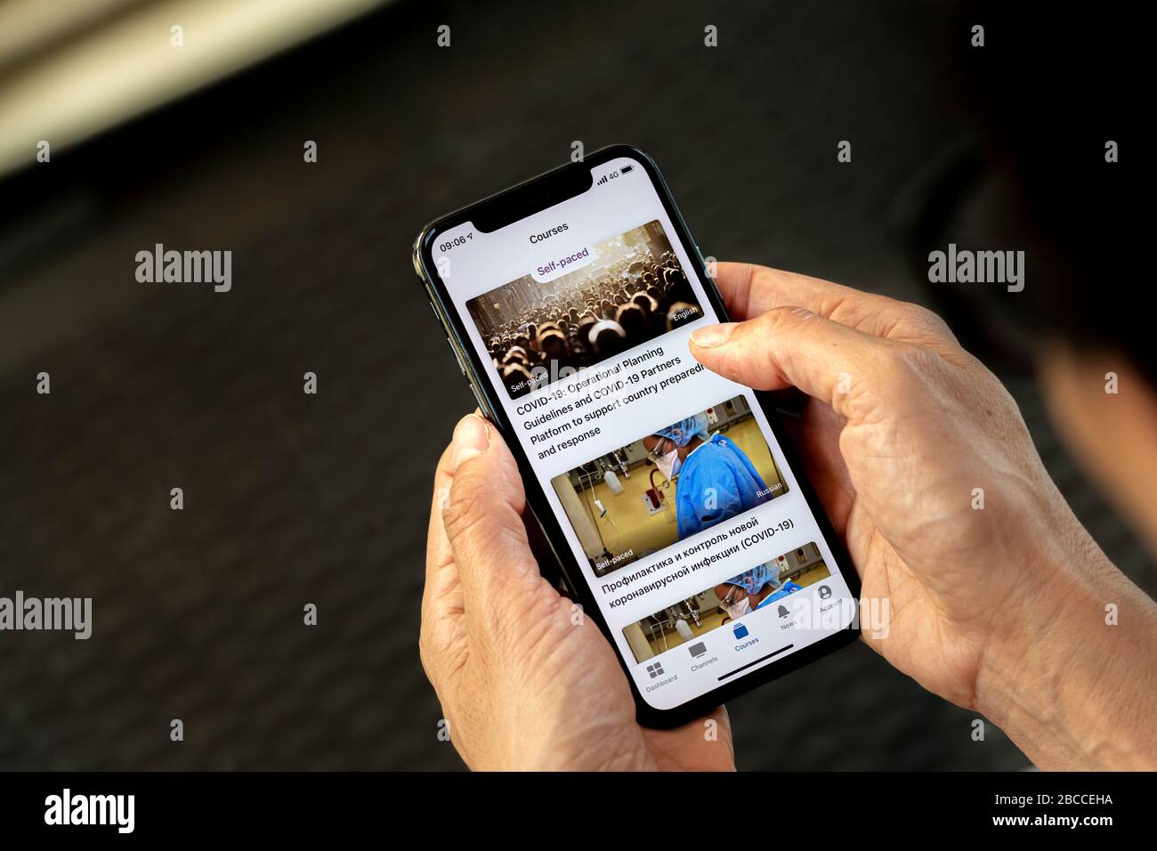 Femme qui vérifie certaines informations concernant la COVID-19 sur l'application de l'Organisation mondiale de la santé sur son mobile Banque D'Images