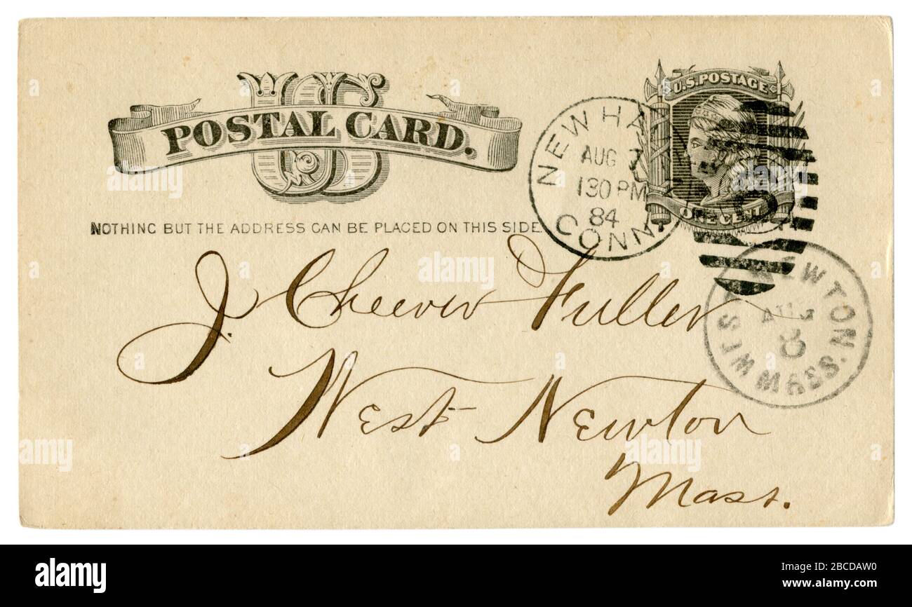 New Haven, Connecticut - West Newton, Massachusetts, États-Unis - 7-8 août 1884: US historique carte postale avec un timbre à cent imprimé, Fancy annuler Banque D'Images