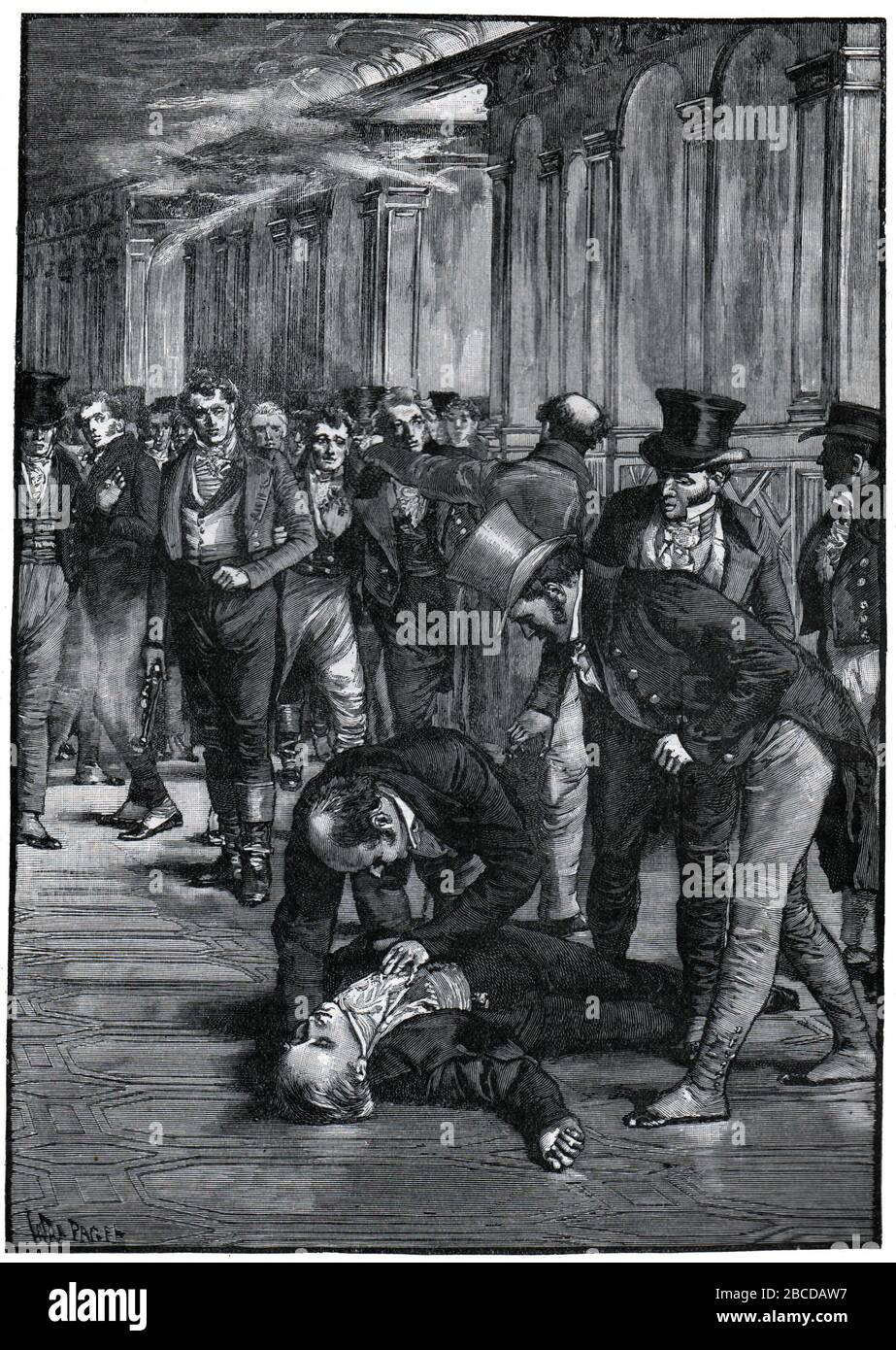 L'Assassinat de Spencer Perceval à la Chambre des communes, 1812 ; noir et blanc Illustration ; Banque D'Images