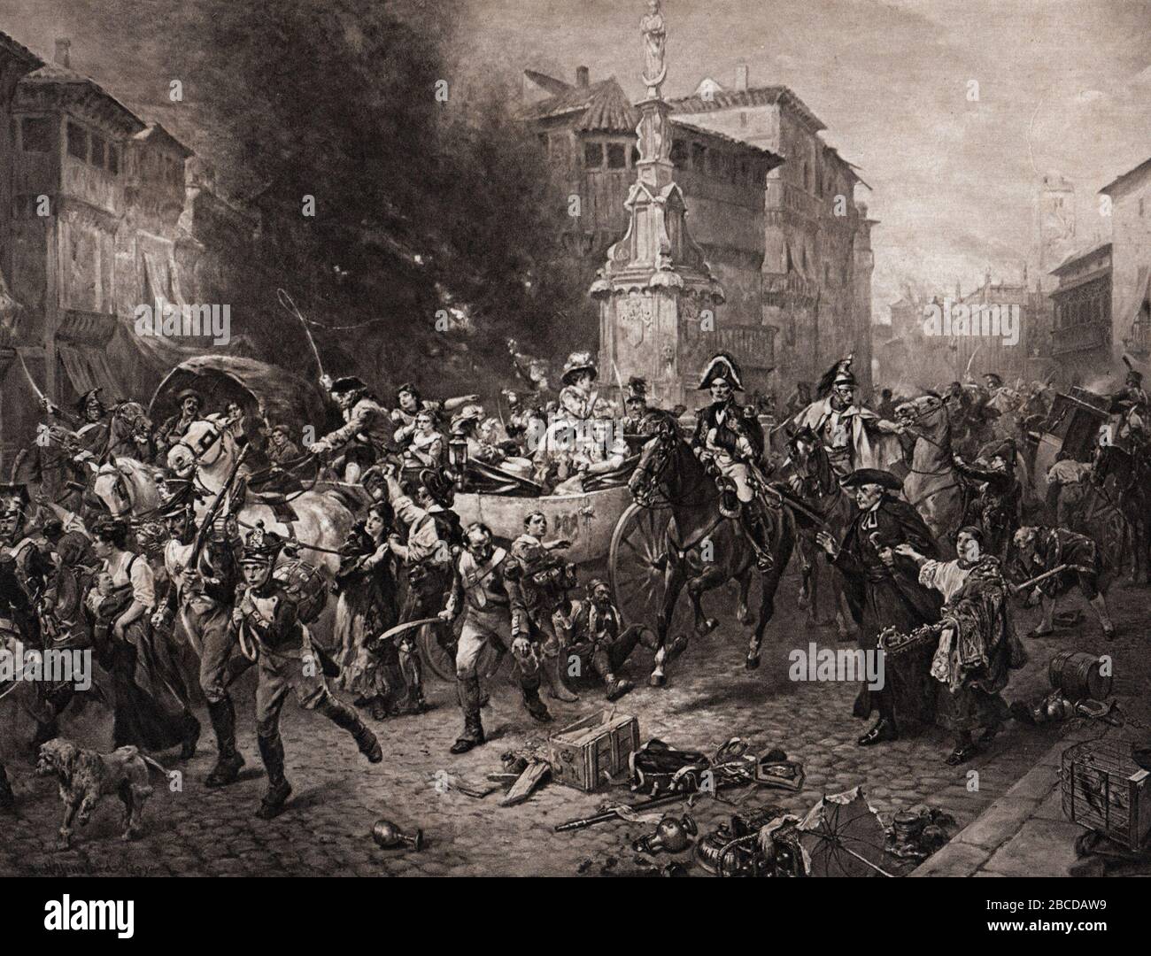 Vol des Français à travers la ville de Vitoria, Espagne 21 juin 1813 après avoir perdu la bataille de Vitoria aux armées alliées de Grande-Bretagne, Portugal an Banque D'Images
