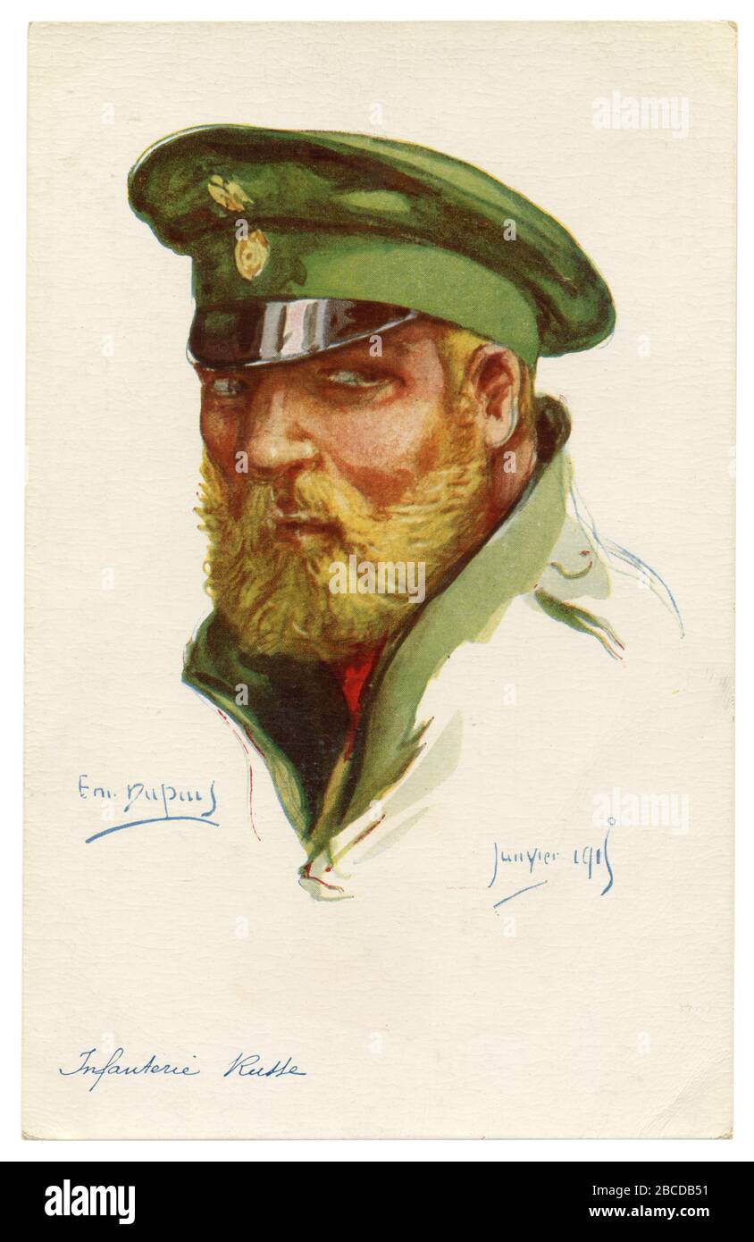 Carte postale historique française : portrait d'un fantassin de l'armée impériale russe, beau homme avec une barbe et une moustache blondes, première guerre mondiale Banque D'Images