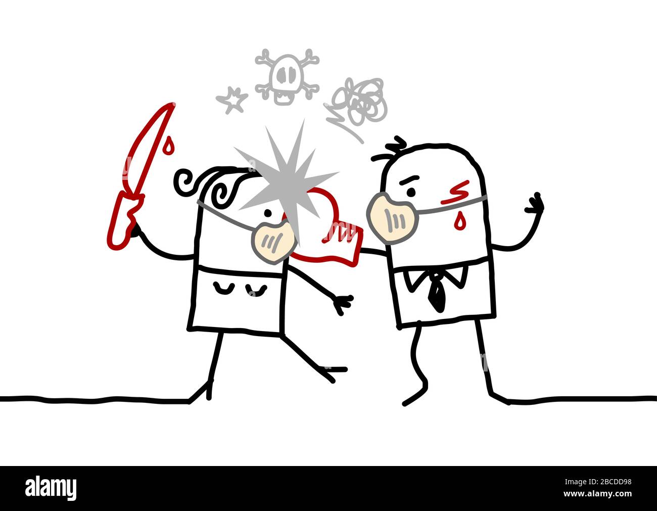 Un couple de dessins animés avec des masques contre le virus luttant ensemble Illustration de Vecteur