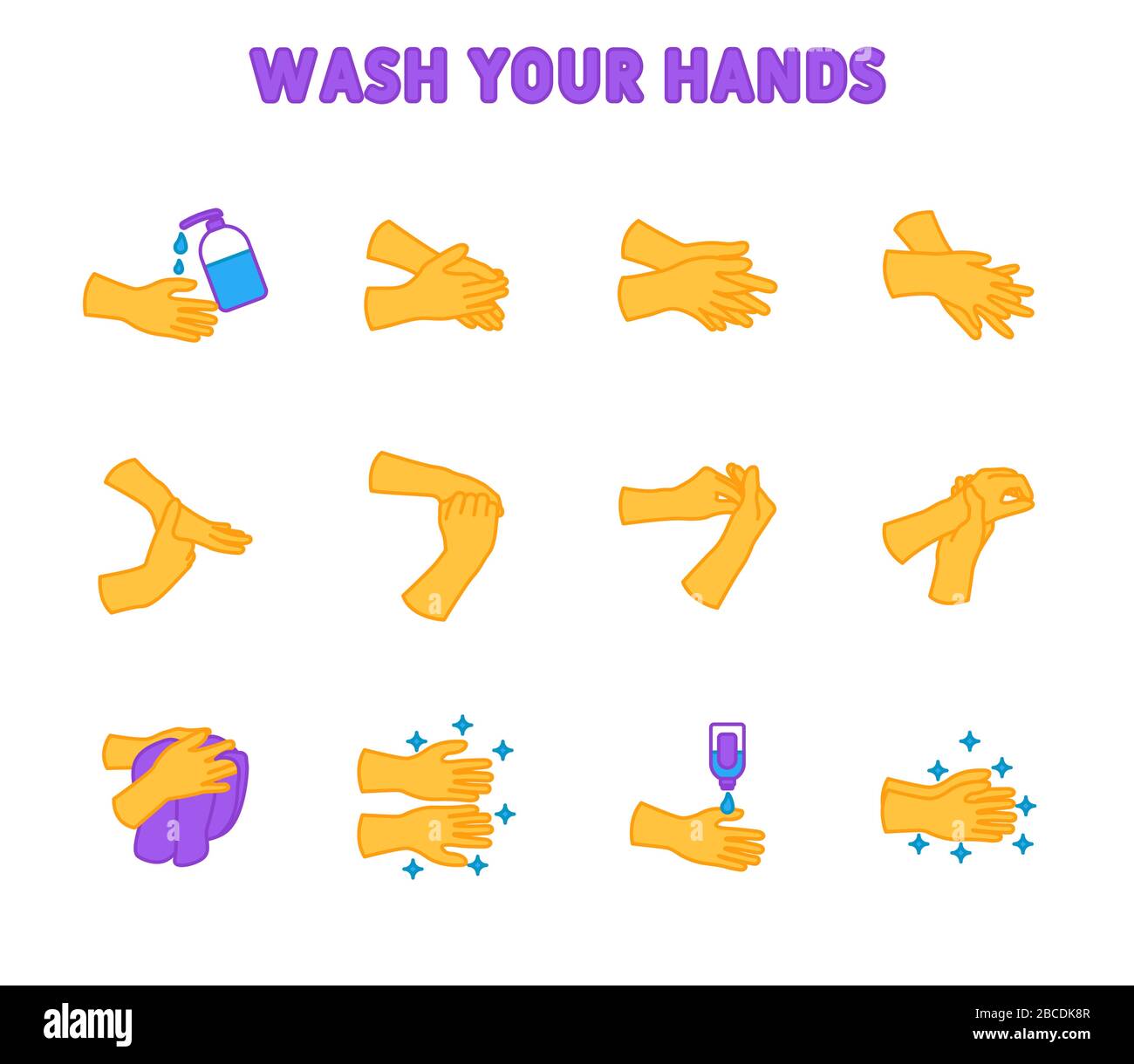 Jeu d'icônes de lavage des mains pour infographie ou site Web. Lavage des mains étape par étape. Jeu simple d'icônes de ligne vectorielle liées à l'hygiène couleur Illustration de Vecteur