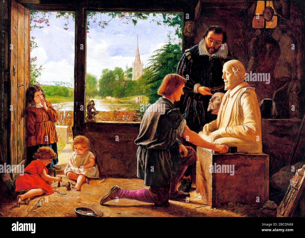 Une peinture de Henry Wallis représentant Gerard Johnson sculptant le monument funéraire de Shakespeare. Ben Jonson montre le masque de mort de Shakespeare au sculpteur. Banque D'Images