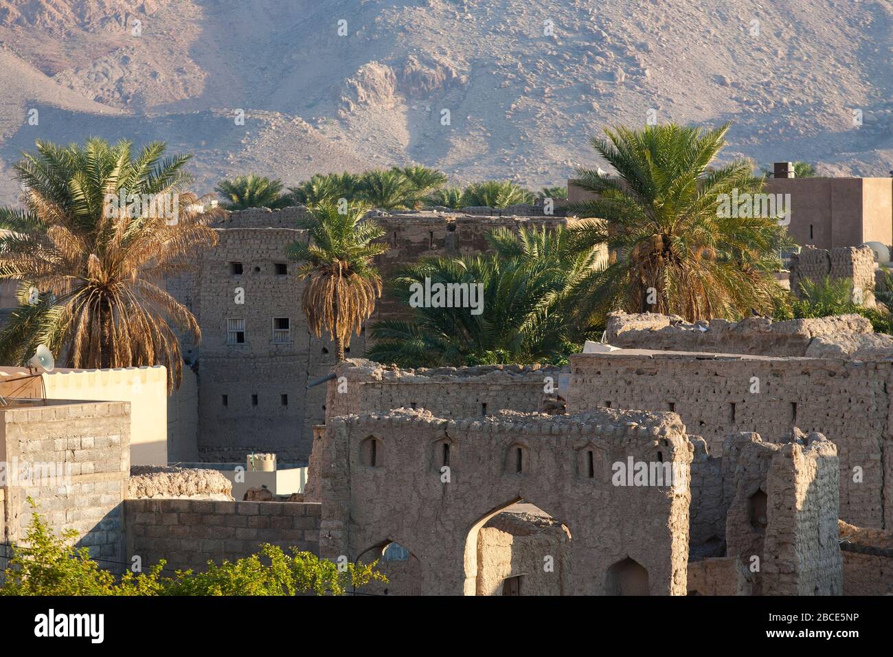 Les anciennes maisons de boue font partie du tissu vivant des banlieues de la ville historique de Nizwa en Oman Banque D'Images