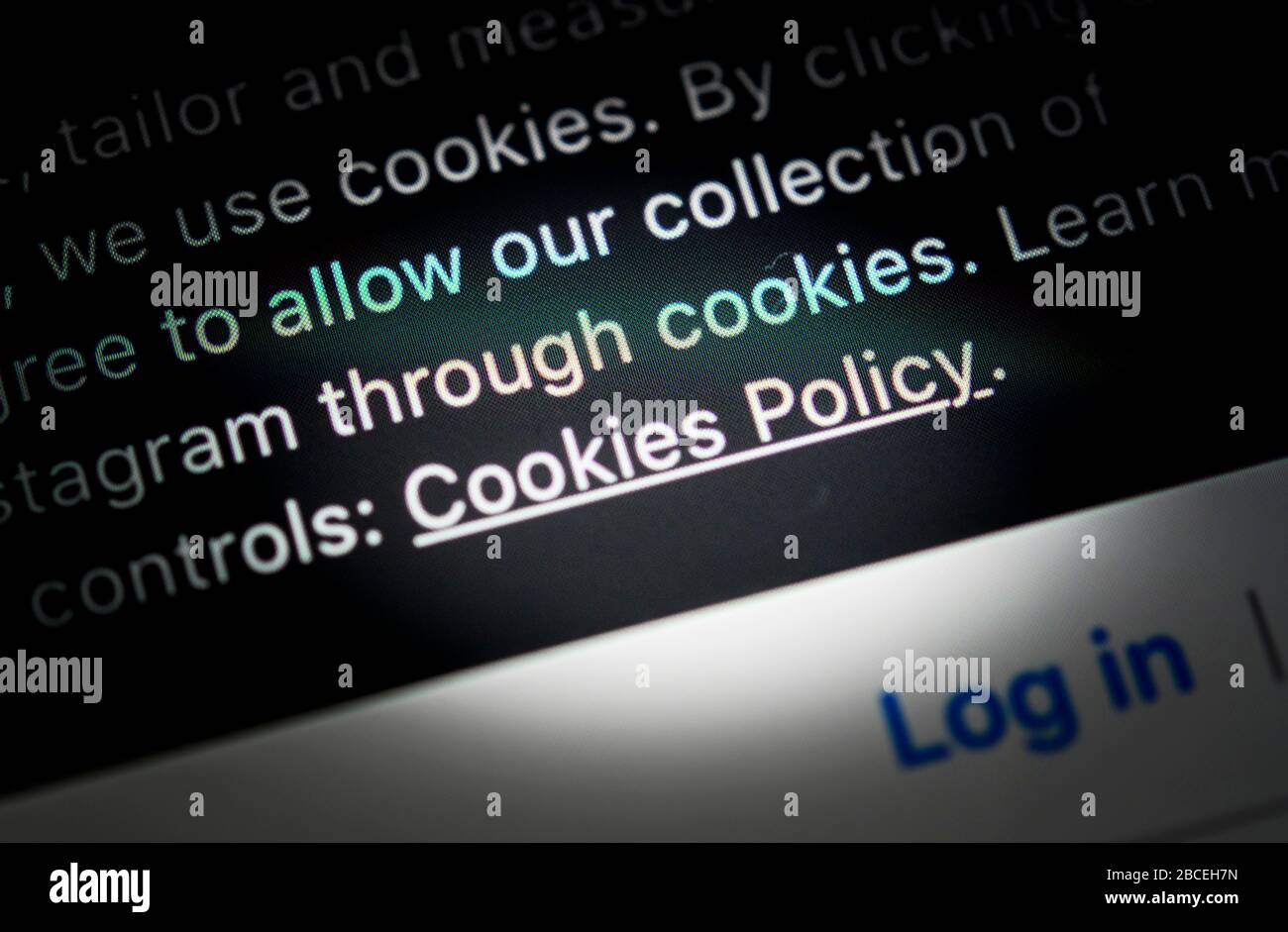 Politique sur les cookies d'un site Web, suivi, confidentialité, capture d'écran, gros plan, détails Banque D'Images