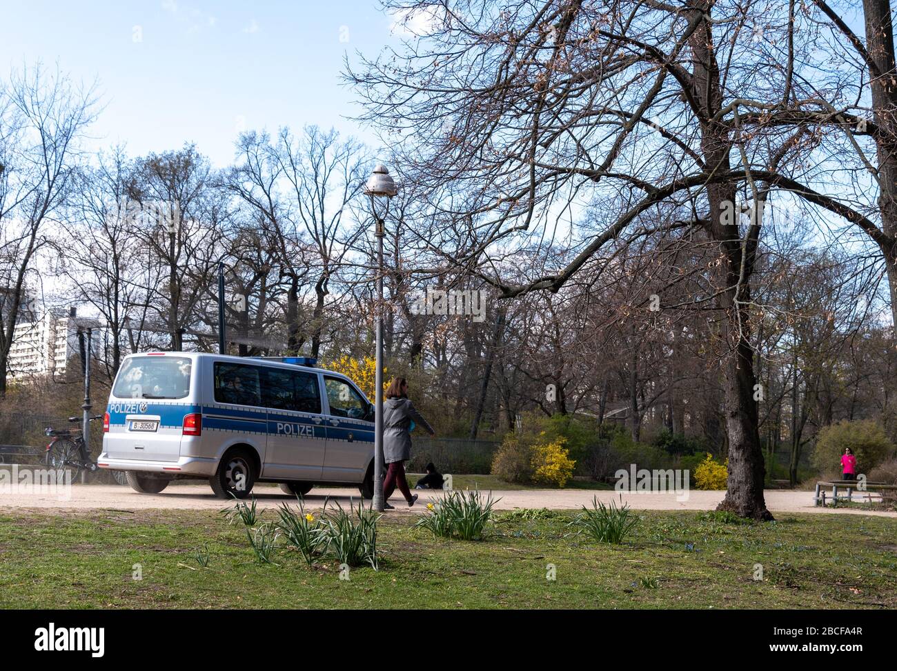Une camionnette de police patrouille le parc Tiergarten dans le centre de Berlin pour faire respecter les règles de distanciation sociale pendant le confinement de la pandémie de corona, printemps 2020 Banque D'Images