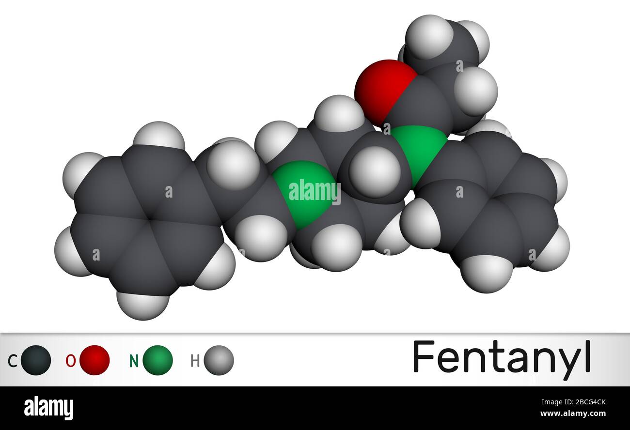 Fentanyl, fentanil, molécule C22H28N2O. C'est analgésique opioïde. Modèle moléculaire. Rendu tridimensionnel Banque D'Images