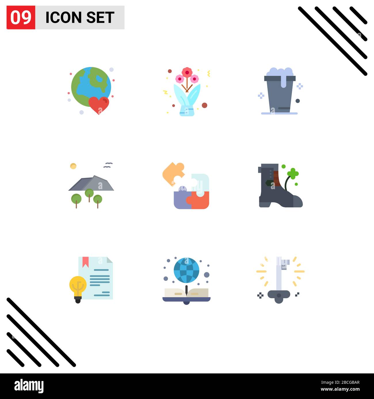 Pack couleur plat de 9 symboles universels d'affaires, arbre, roses, montagne, nettoyage Editable Vector Design Elements Illustration de Vecteur