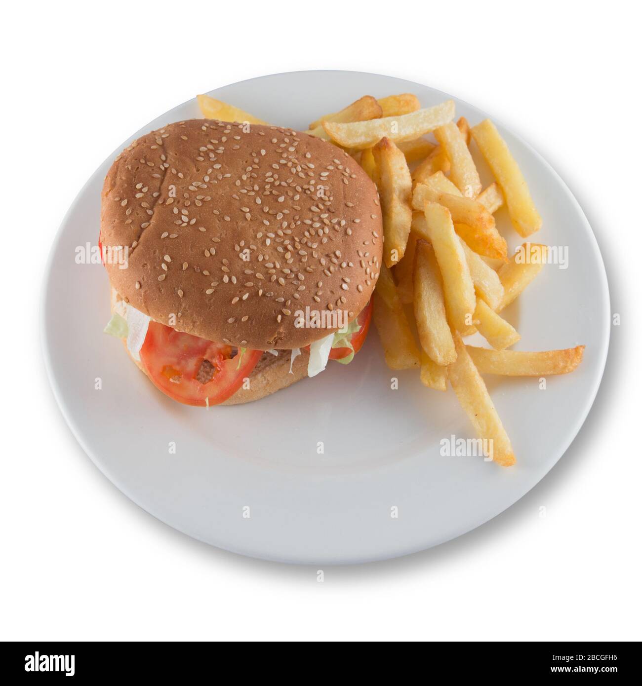 Assiette avec un hamburger simple avec tomate, laitue et pommes de terre Banque D'Images