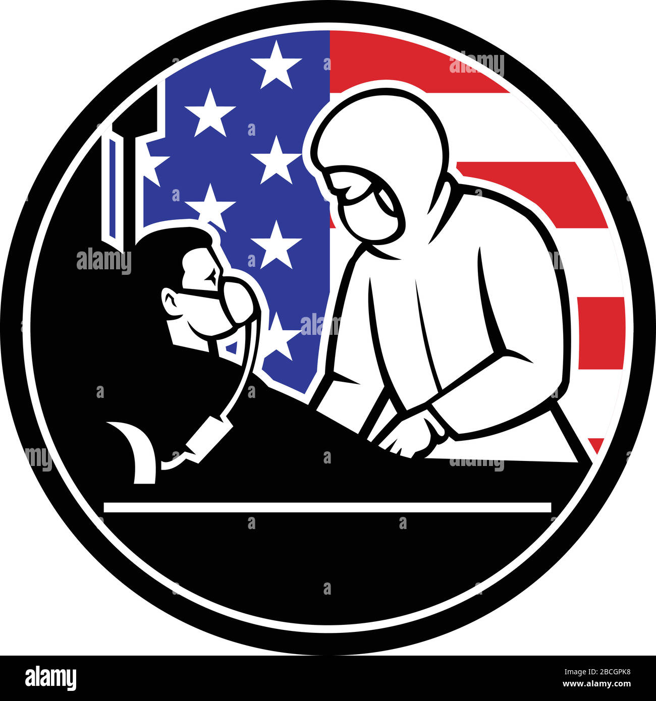 Illustration d'un médecin américain, d'une infirmière ou d'un professionnel de la santé portant un équipement de protection individuelle traiter une corona infectieuse COVID-19 Illustration de Vecteur