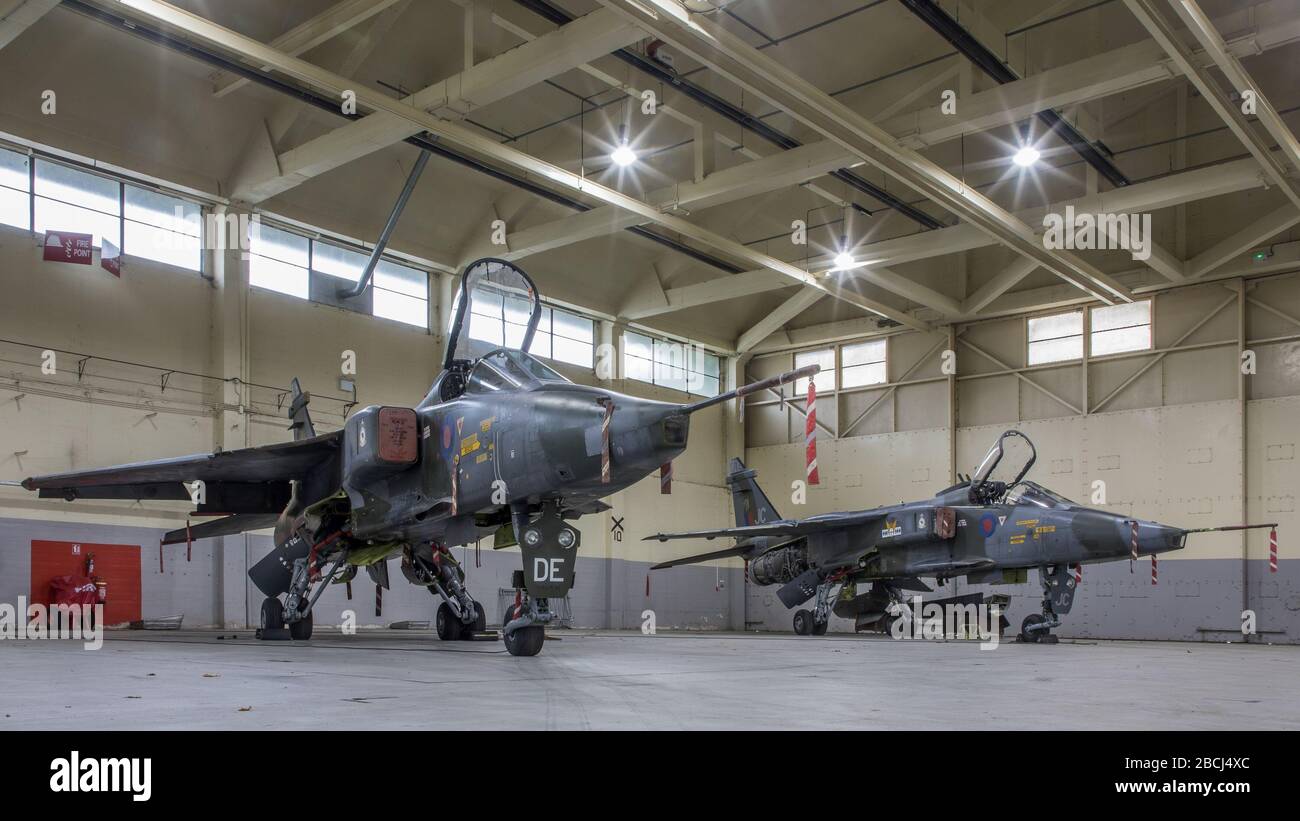 Royal Air Force Royaume-Uni Jaguar attaque des avions de chasse dans un schéma de peinture camouflage qui forme la Guerre froide. À l'intérieur d'un support RAF. Banque D'Images