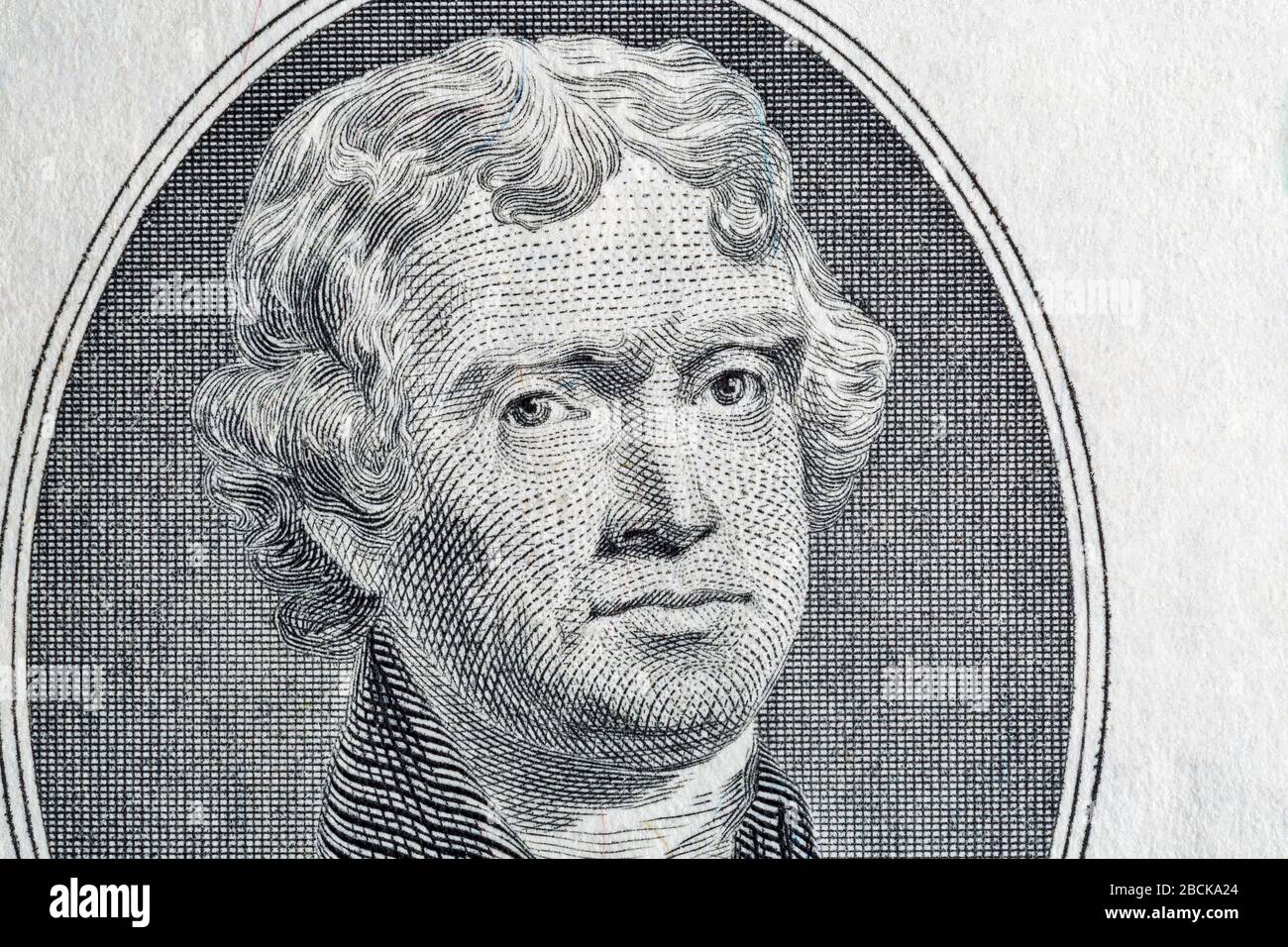 Portrait de la troisième Président des Etats-Unis, Thomas Jefferson sur deux billets dollar bill macro, côté avant avers. Banque D'Images