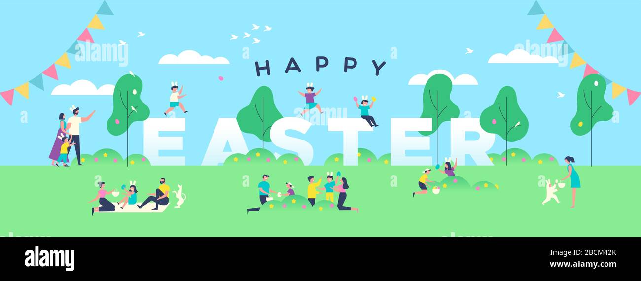 Joyeuses illustration de la bannière de Pâques sur le Web des gens drôles faisant de l'activité familiale et de la chasse aux œufs ensemble dans le parc extérieur. Motif fête de printemps Illustration de Vecteur Joyeuses illustration de la bannière de Pâques sur le Web des gens drôles faisant de l'activité familiale et de la chasse aux œufs ensemble dans le parc extérieur. Motif fête de printemps Illustration de Vecteur