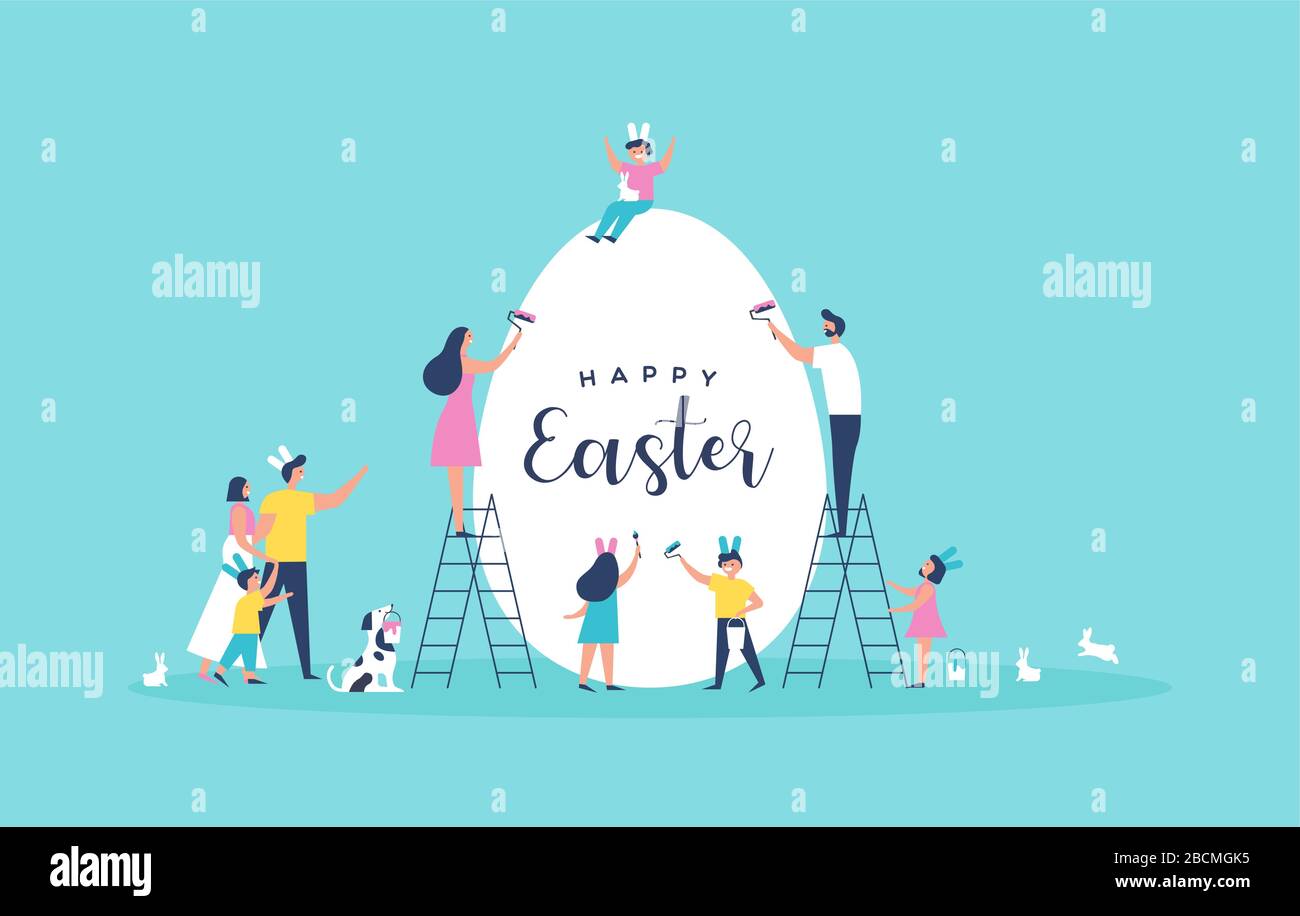 Joyeuses cartes de vœux de Pâques illustration de drôles de famille et de lapins peignant de grands blancs copie espace oeuf ensemble pour des vacances spéciales de printemps Illustration de Vecteur