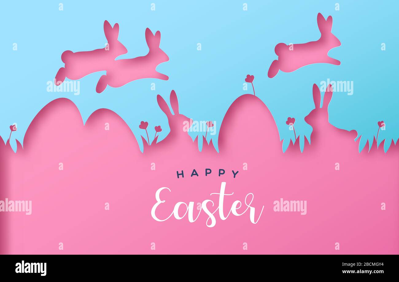Bonne carte de vœux de Pâques avec des œufs colorés, un lapin saut en papier, un paysage naturel et une citation de texte festive. cuto de vacances réalistes Illustration de Vecteur