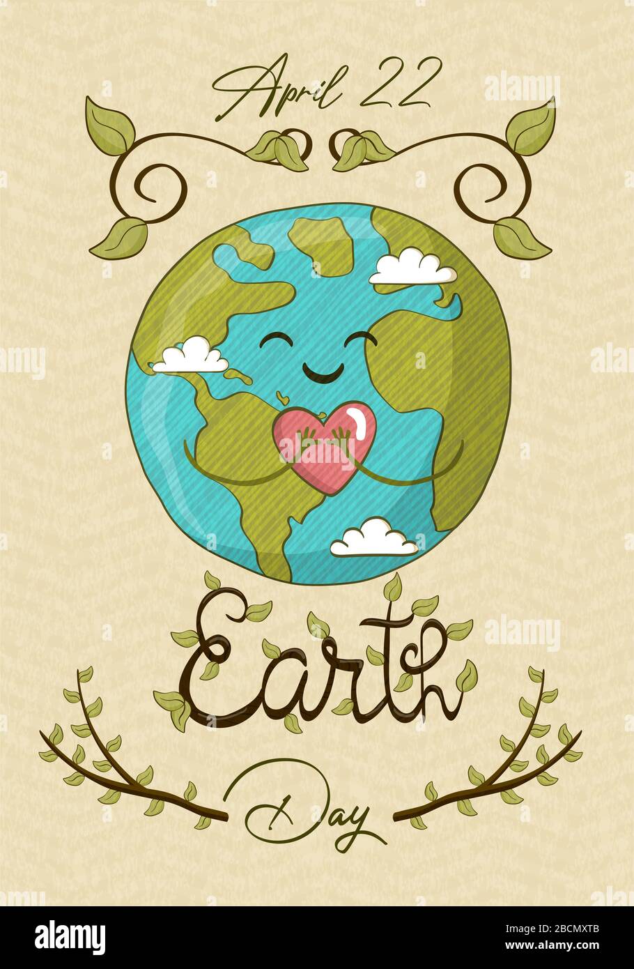 Happy Earth Day, 22 avril événement d'aide à l'environnement pour la sensibilisation mondiale aux soins de la nature. Jolie planète dessinée à la main tenant le coeur, le monde vert amour bande dessinée Illustration de Vecteur