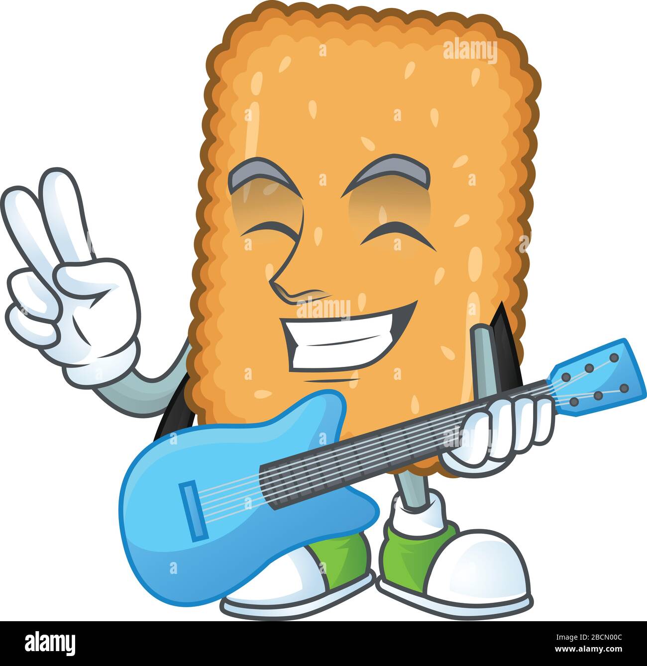 Le visage heureux de la bande dessinée de biscuit joue de la musique avec une guitare Illustration de Vecteur