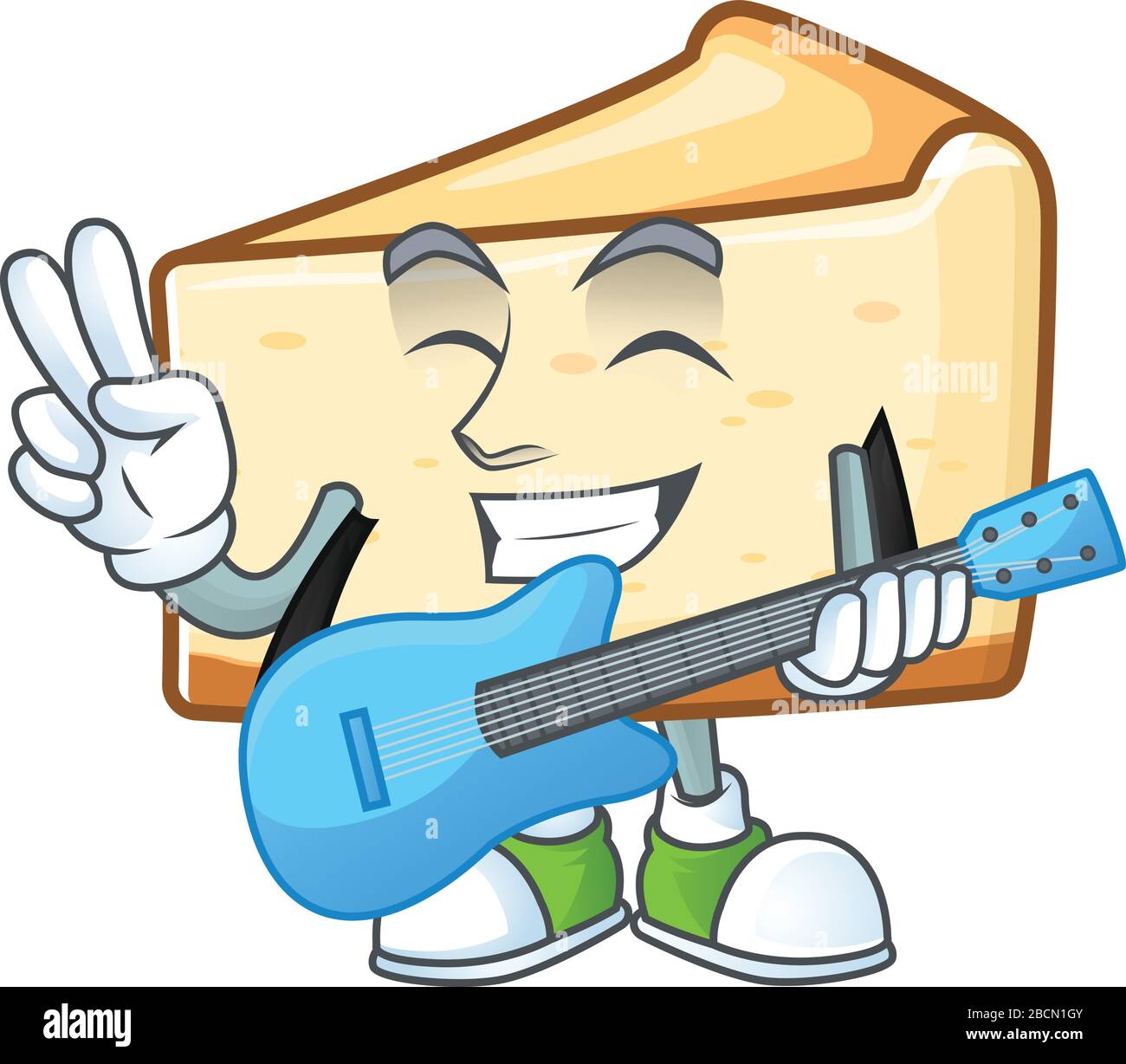 Le visage heureux de la bande dessinée de gâteau au fromage joue de la musique avec une guitare Illustration de Vecteur