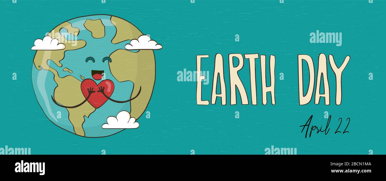 Happy Earth jour web bannière avec mignonne planète dessinée à la main tenant coeur, vert monde amour. Environnement aide dessin animé concept pour la campagne nature ou ECO fr Illustration de Vecteur