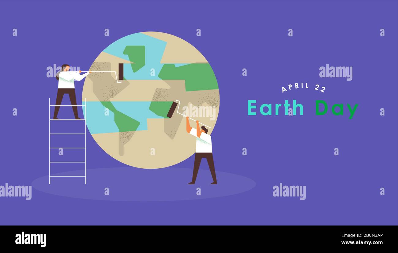 Carte de vœux Earth Day illustration de l'équipe de nettoyage de la planète ensemble dans un style moderne plat de dessin animé. Concept de coopération d'équipe, environnement Illustration de Vecteur