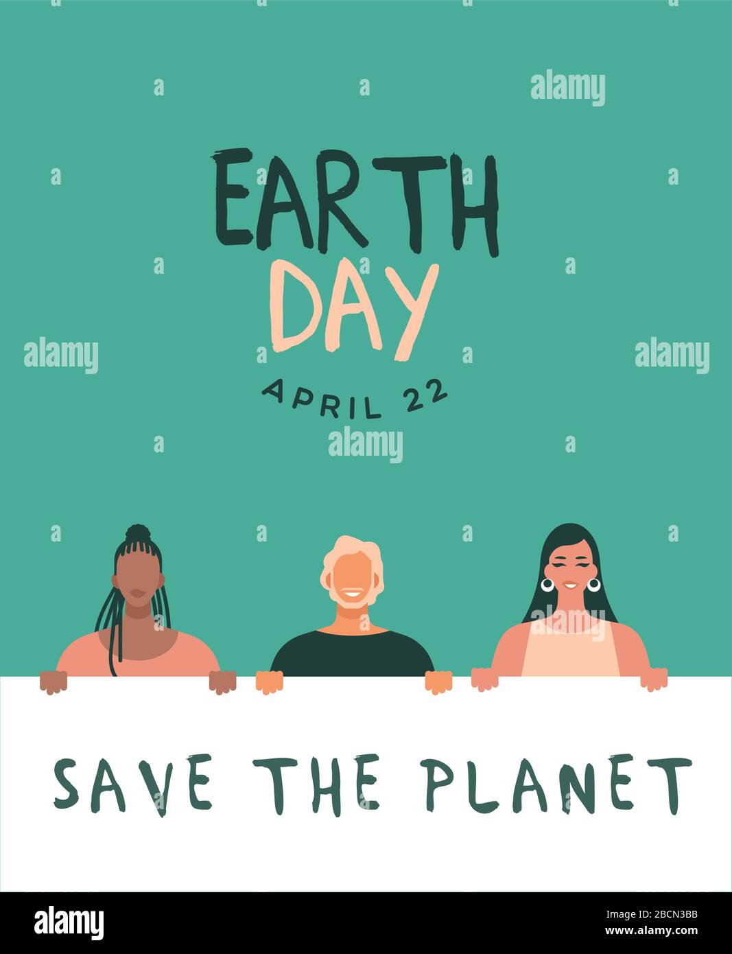 Carte de vœux Earth Day pour l'événement de vacances écologique du 22 avril. Divers groupes de jeunes qui ont des signes de protestation, un défilé dans l'environnement ou une campagne dans la nature Illustration de Vecteur