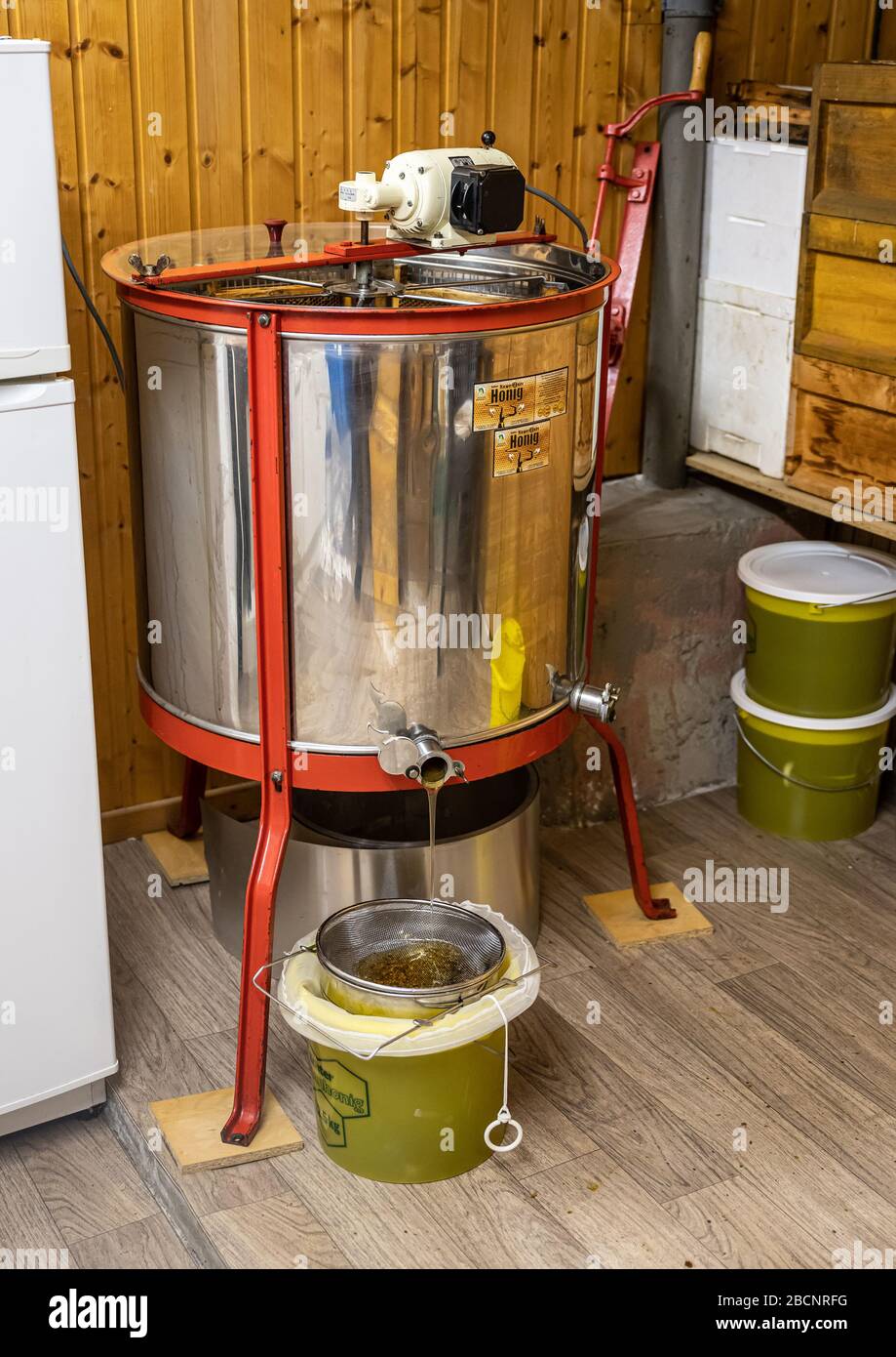 L'extraction du miel, le miel s'écoule d'une centrifugeuse dans un tamis  suspendu dans un seau Photo Stock - Alamy