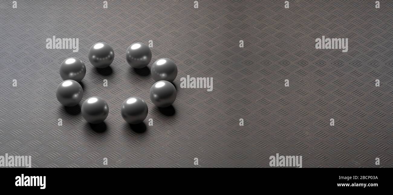Huit billes noires sur fond de sol industriel en tôle de métal, espace de copie. illustration tridimensionnelle Banque D'Images