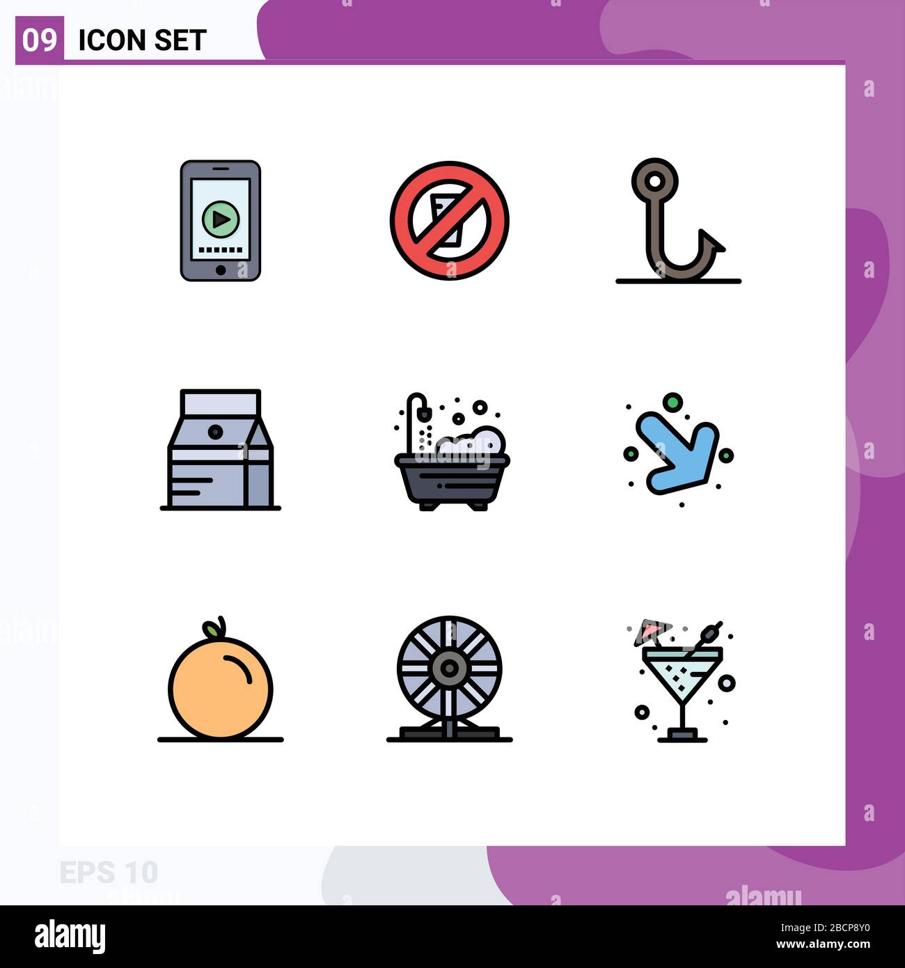 Jeu de 9 icônes modernes de l'interface utilisateur symboles signes pour la vie, le lait, le poisson, le jus, boire Editable Vector Design Elements Illustration de Vecteur