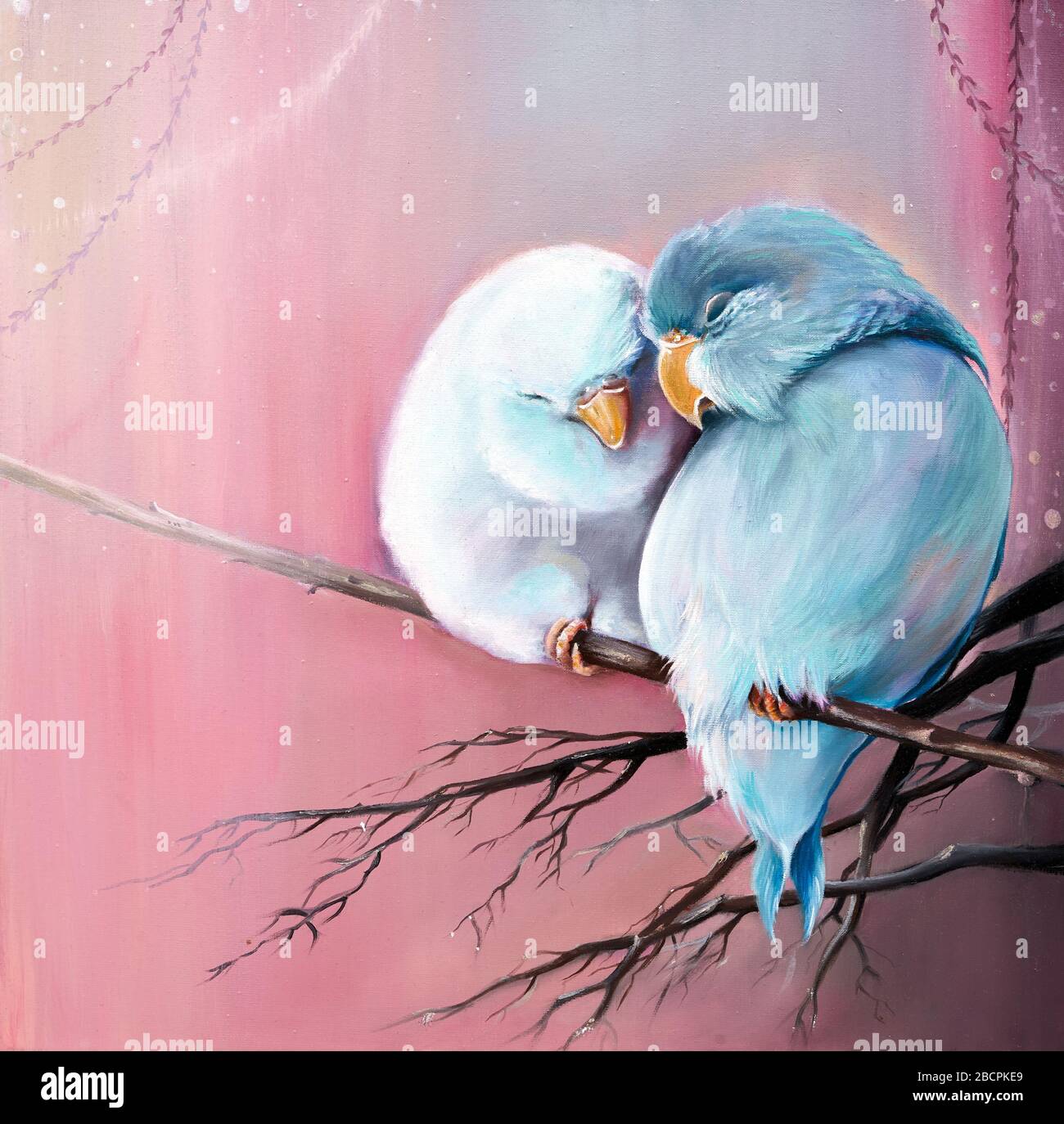 La peinture à l'huile originale sur toile de deux lovebird perroquet est assise sur la branche près l'une de l'autre Banque D'Images