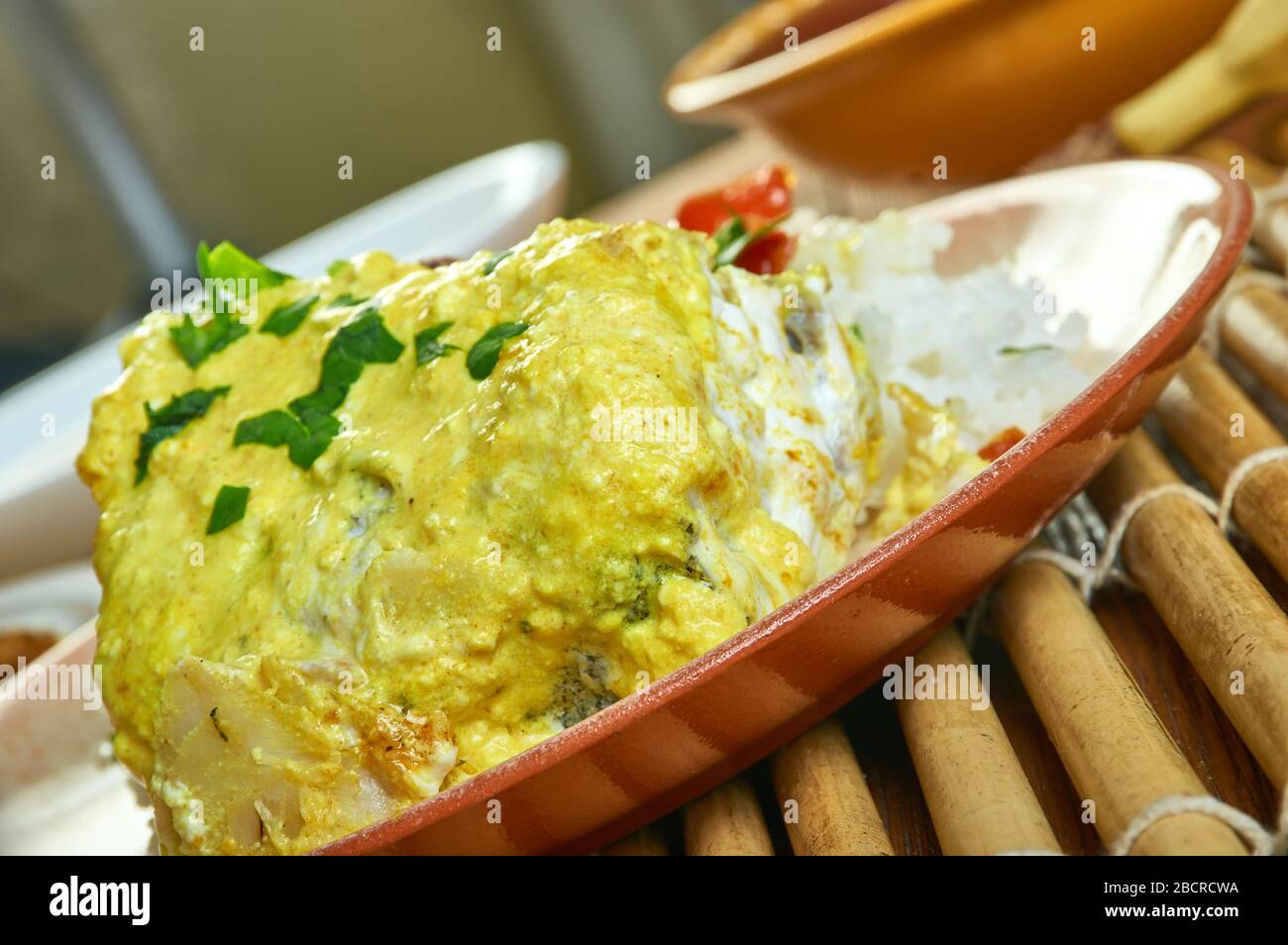 Goan Cod Curry, situé sur la côte ouest de l'Inde, cuisine régionale connue pour les fruits de mer et le lait de coco Banque D'Images