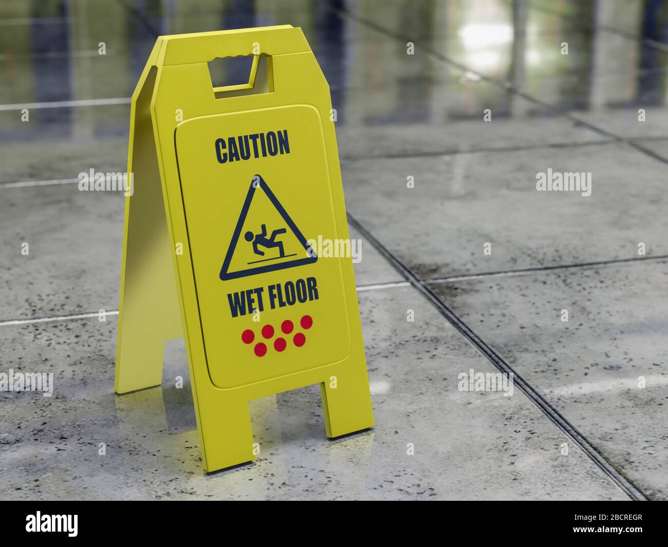 Panneau d'avertissement jaune au sol mouillé placé sur un sol en carreaux de béton humide Banque D'Images