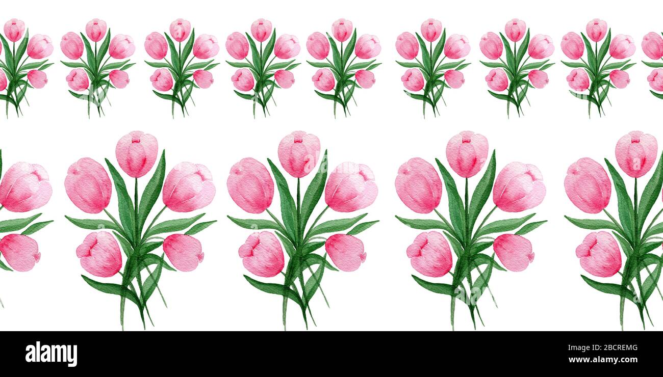 bordure sans couture avec bouquet de tulipes roses, bordure fleurie de printemps ornementale en aquarelle, décoration de fleurs de tulipes printanières Banque D'Images