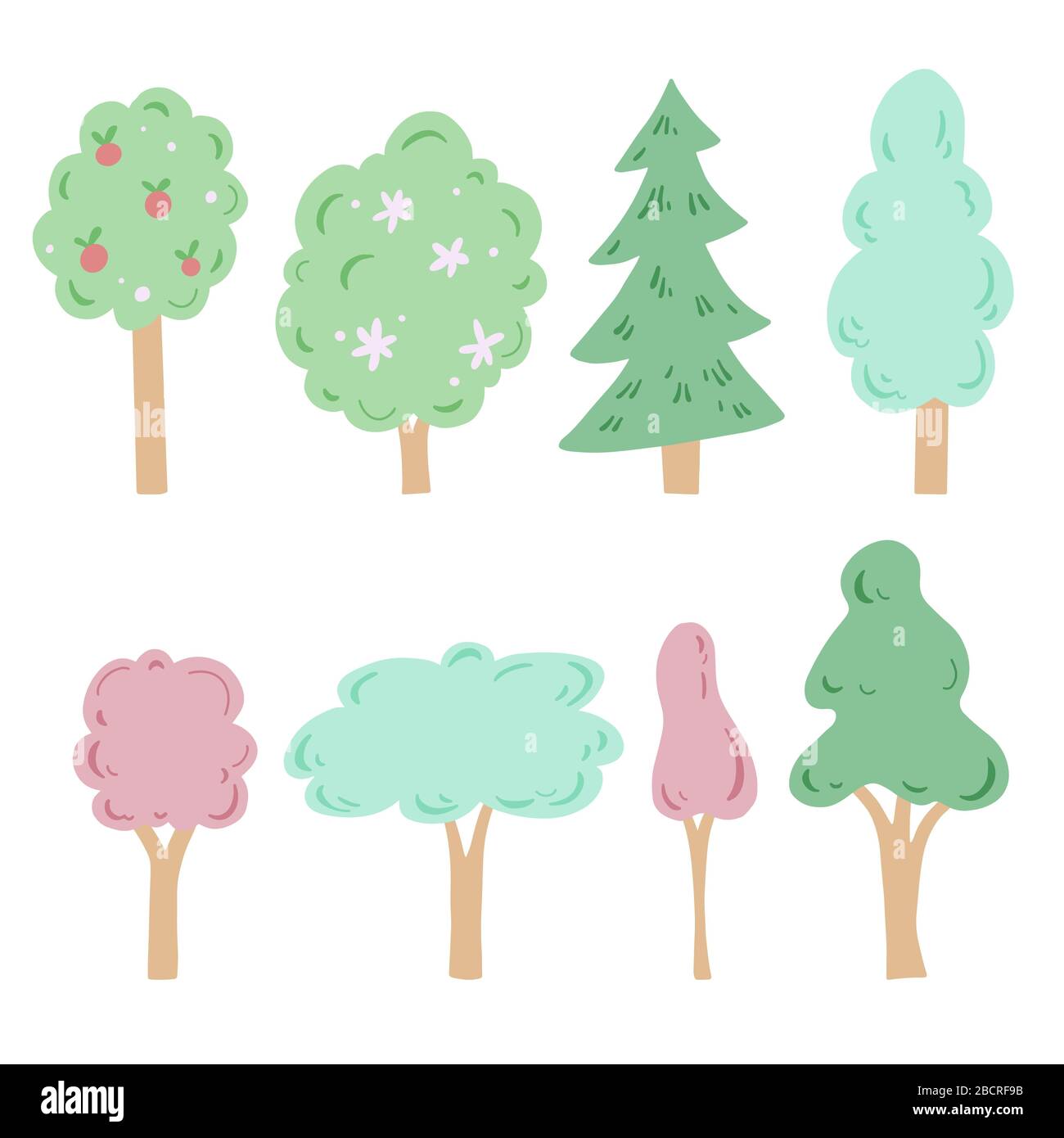 Ensemble d'arbres de dessin animé avec éléments dessinés à la main isolés. Motif arbre plat nature. Illustration vectorielle simple de style silhouette. Illustration de Vecteur