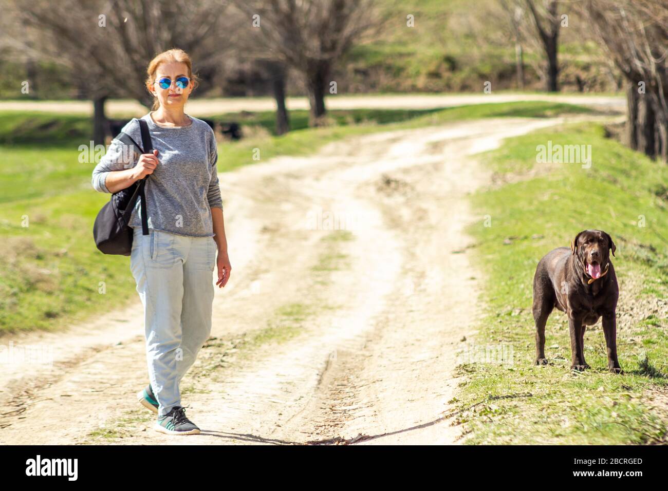 Femme dans des lunettes de soleil restant sur une route avec sac à dos , avec chien chocolat Labrador retriever. Banque D'Images