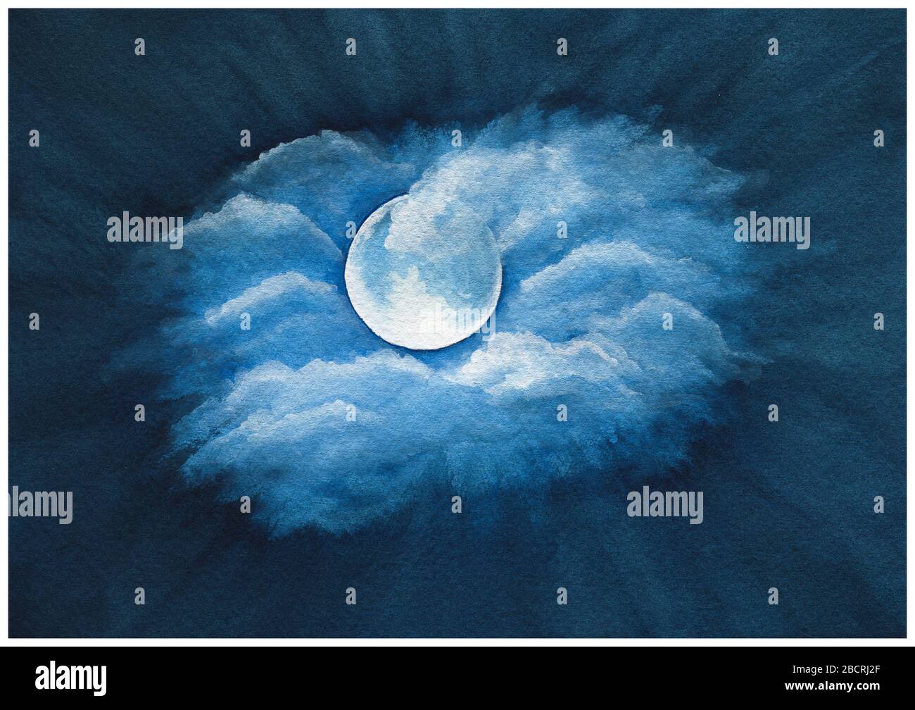 bleu marine nuit ciel abstrait fond, romantique aquarelle lune nuit ciel scène, main peint illustration avec lune et nuages sur ciel de nuit Banque D'Images