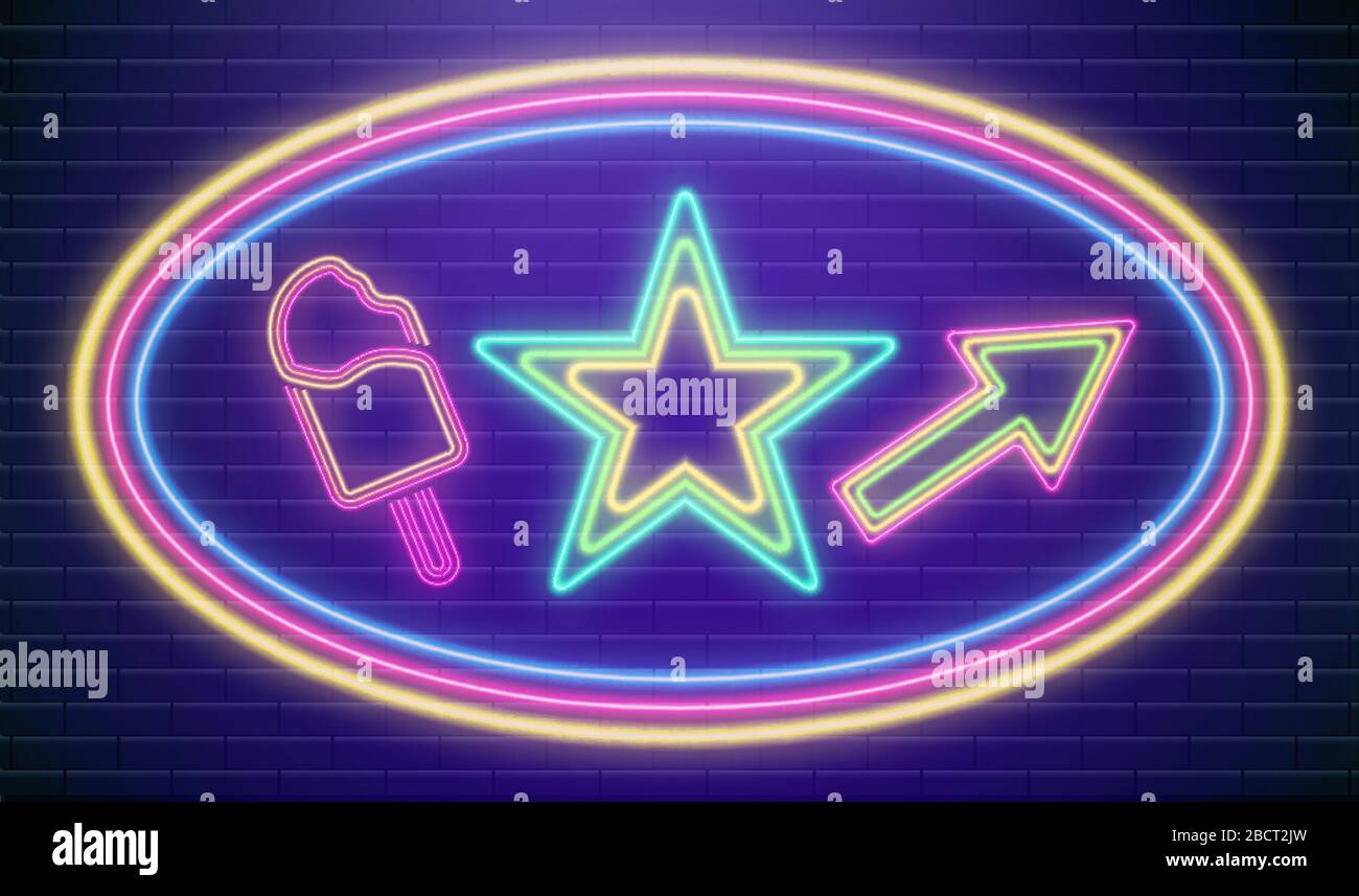 LED néon étoile vecteur. Signe coloré de soirée disco. Flèche cadre de casino. Pointeur de nuit pour barre en bleu. Style rétro art de fond Neon icaream Illustration de Vecteur