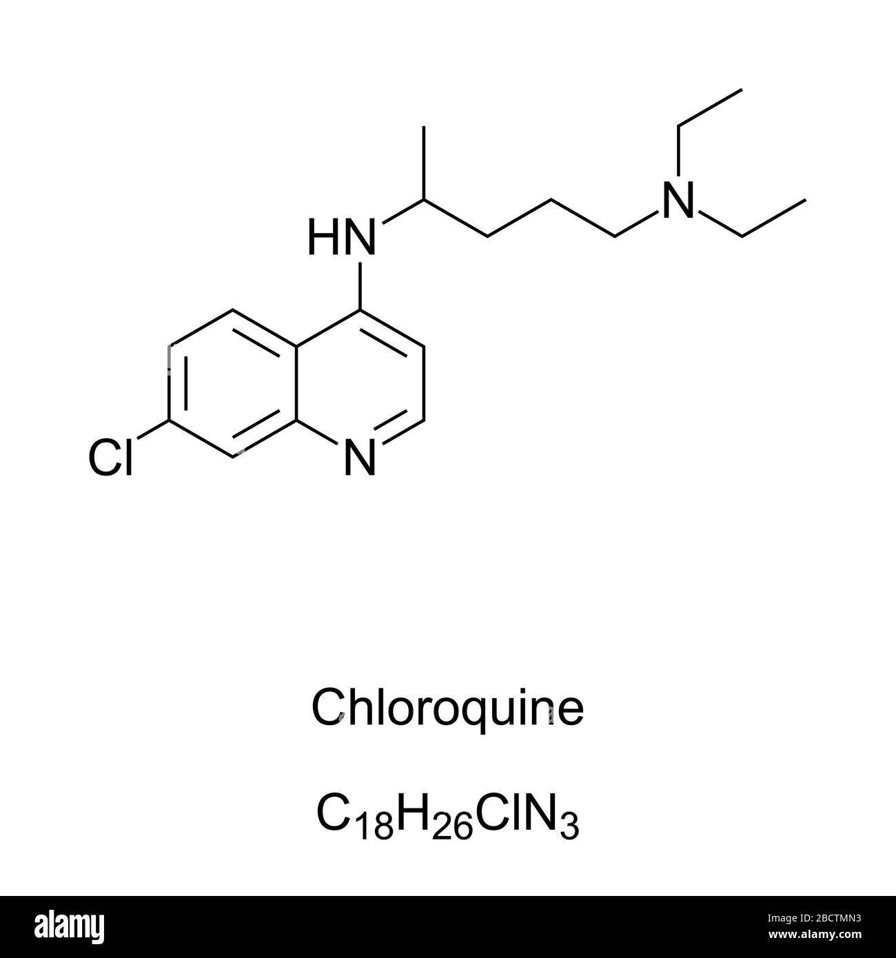 Chloroquine formule squelettique et structure moléculaire. Médicaments principalement utilisés pour prévenir et traiter le paludisme. Également étudié pour traiter COVID-19. Banque D'Images