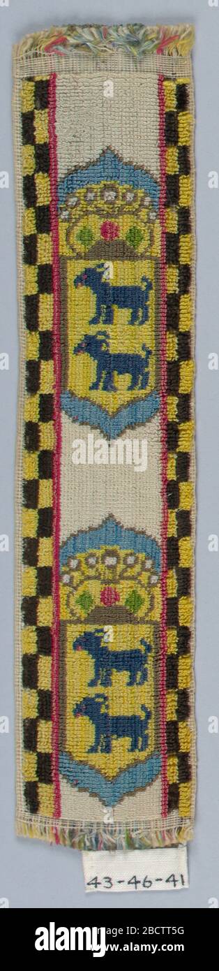 Rognage. Recherche sur le bouclier jaune ProgressCrowed avec deux chèvres en bleu, sur un sol blanc. Bordures de damier jaunes et noires. Rognage Banque D'Images