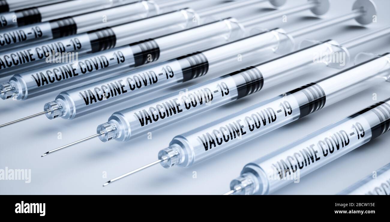 Seringues de coronavirus de vaccin. Covid-19, concept de soins de santé sras-cov-2. illustration du rendu 3d Banque D'Images