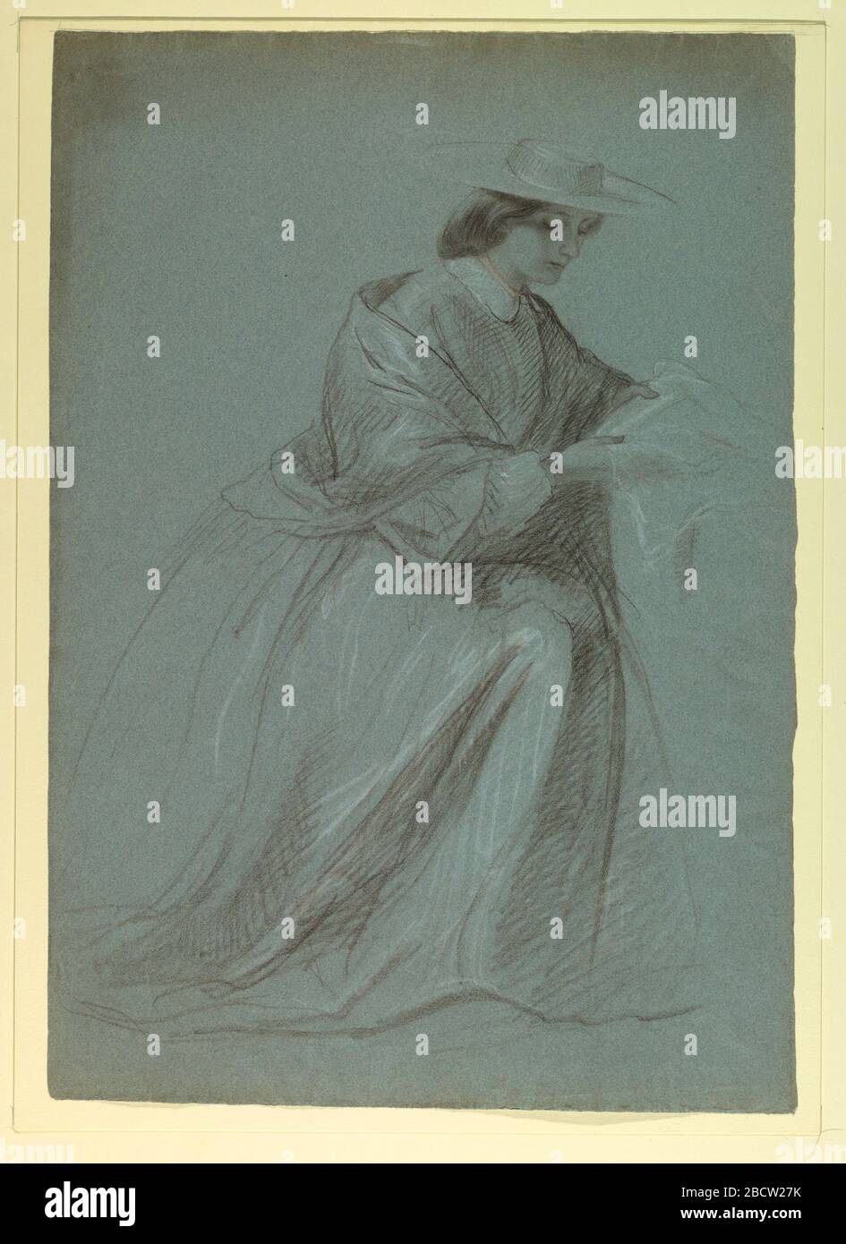 Mme Sheppard Gandy est assise. Recherche en progression Portrait assis sur toute la longueur d'une femme portant un châle et un chapeau à large bord. Elle est tournée vers la droite, examinant un morceau de tissu dans ses mains. Verso: Esquisse d'un homme âgé debout et en lecture. Mme Sheppard Gandy est assise Banque D'Images