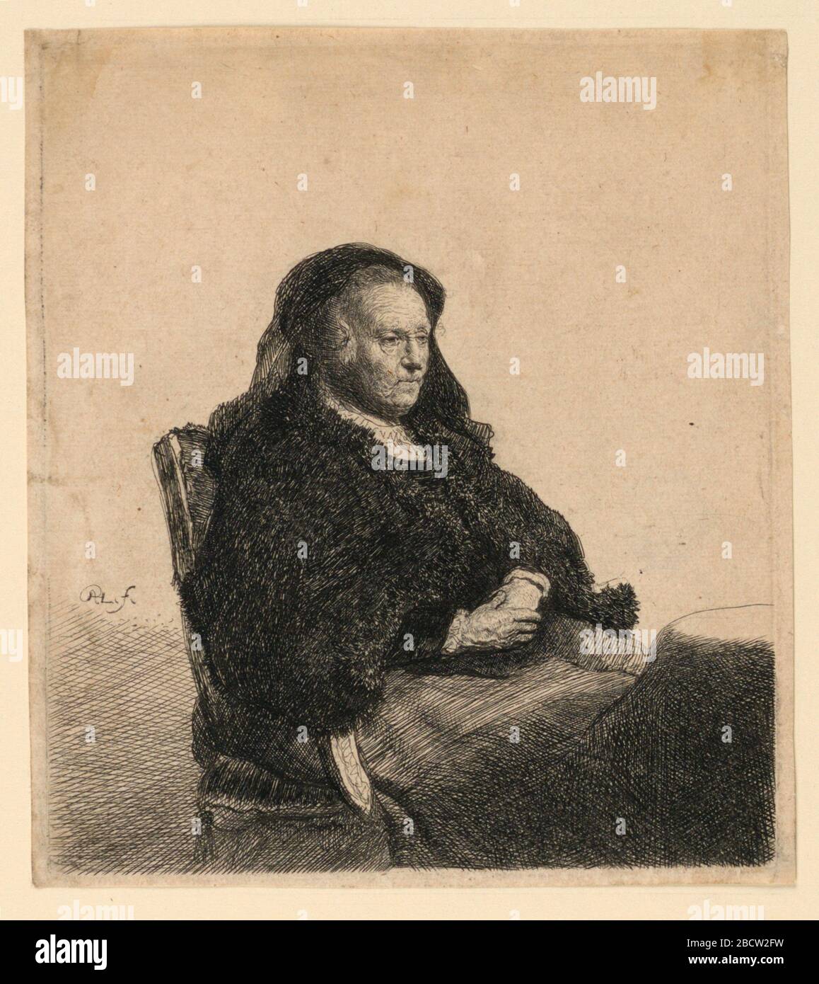 La mère Artists assise à une table en regardant à droite trois quarts de longueur. Recherche en ProgressThree-quart de longueur portrait d'une femme âgée, assise, face à droite. Elle est assise près d'une table, ses mains sont croisées devant elle. La mère Artists assise à une table en regardant à droite trois quarts de longueur Banque D'Images