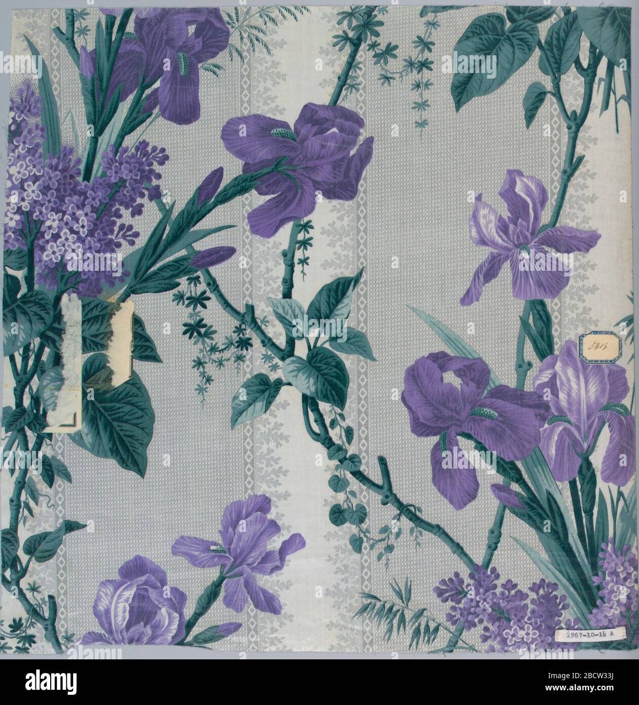 Textile. Recherche dans ProgressGroup ayant le même sol, imprimé à rouleaux, d'une large bande grise formée de points blancs minute alternant avec une bande blanche bordée de feuilles fantaisie. Motifs floraux différents imprimés sur ce sol, probablement par bloc. Textile Banque D'Images