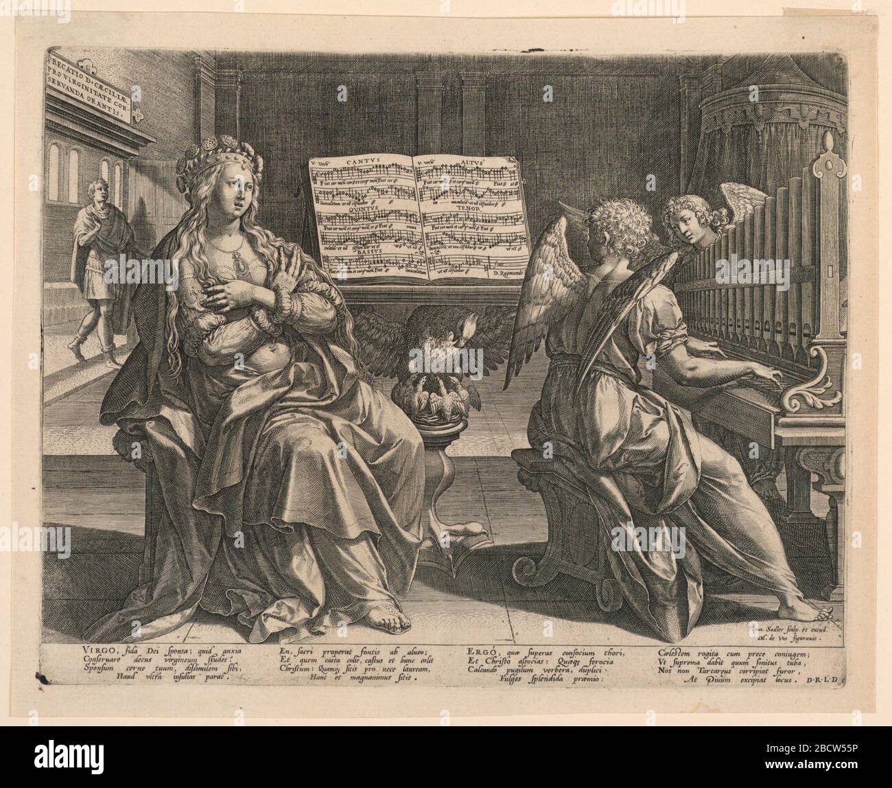St Cecilia. Recherche en progression le saint est assis devant un bureau de musique, chantant; il est accompagné à l'orgue par un ange. Un homme de yong entre dans la chambre à l'arrière gauche. Au-dessus, il s'agit d'un comprimé d'inscription: 'PRECATIO D. St Cecilia Banque D'Images